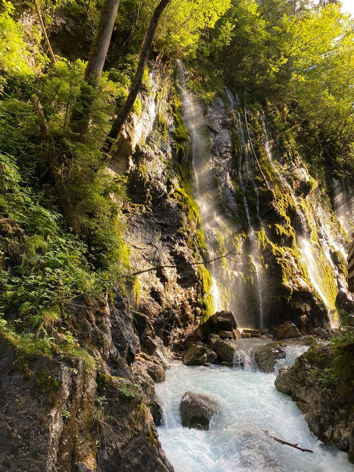 Sonnendurchfluteter Wasserfall über bemoosten Felsen, davor ein türkisfarbener Bach